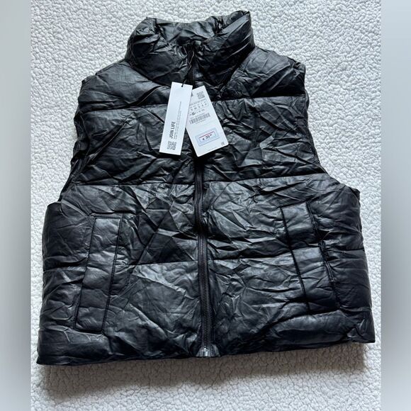 Zara  Leather Crop Puffer Vest Jacket Solid Black Womens Small - Picture 2 of 13